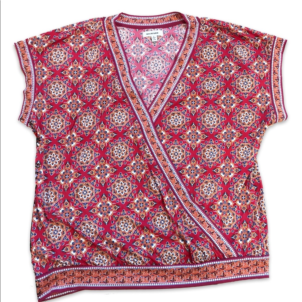 Max Studio cap sleeve faux wrap top  L